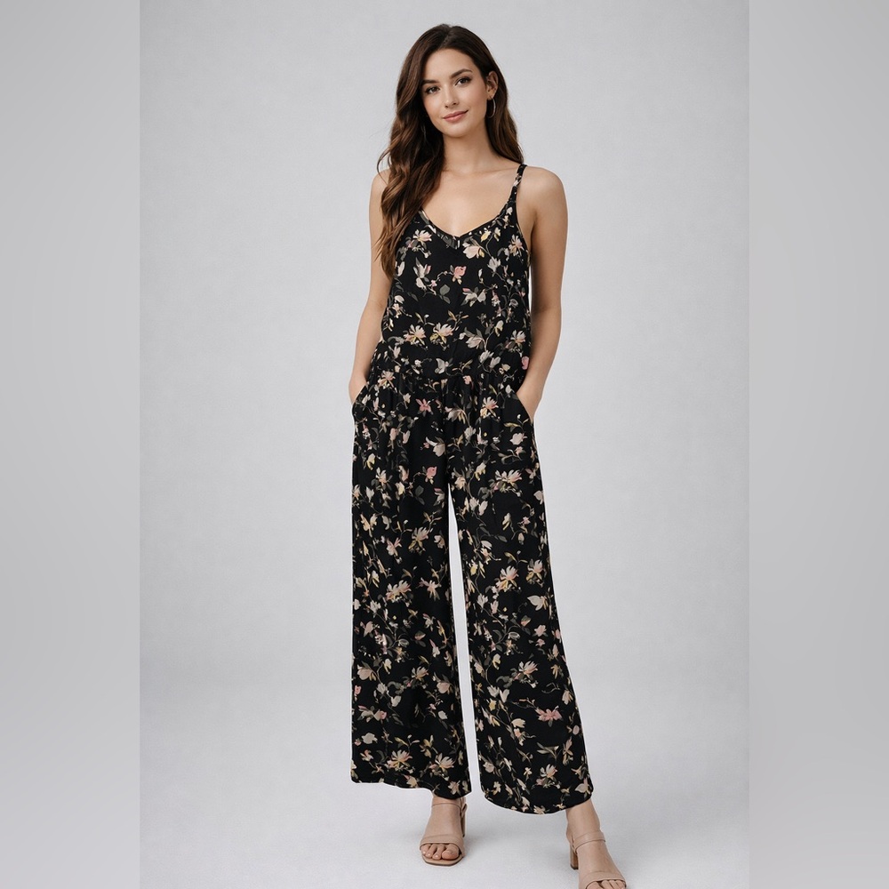 Vero Moda Black Floral Wide Leg Jumpsuit Elegant Boho Chic Flowing Silhouette XS